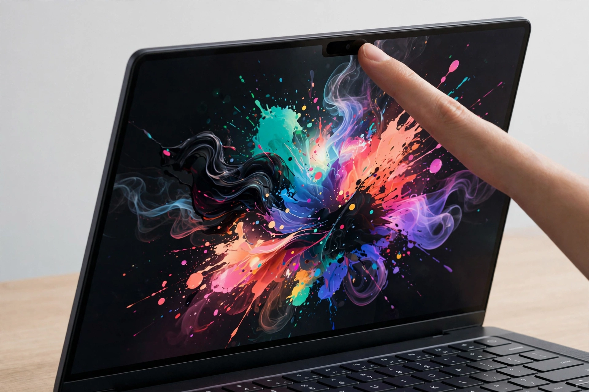 A fingertip touches a laptop screen showing bright colorful abstract artwork.