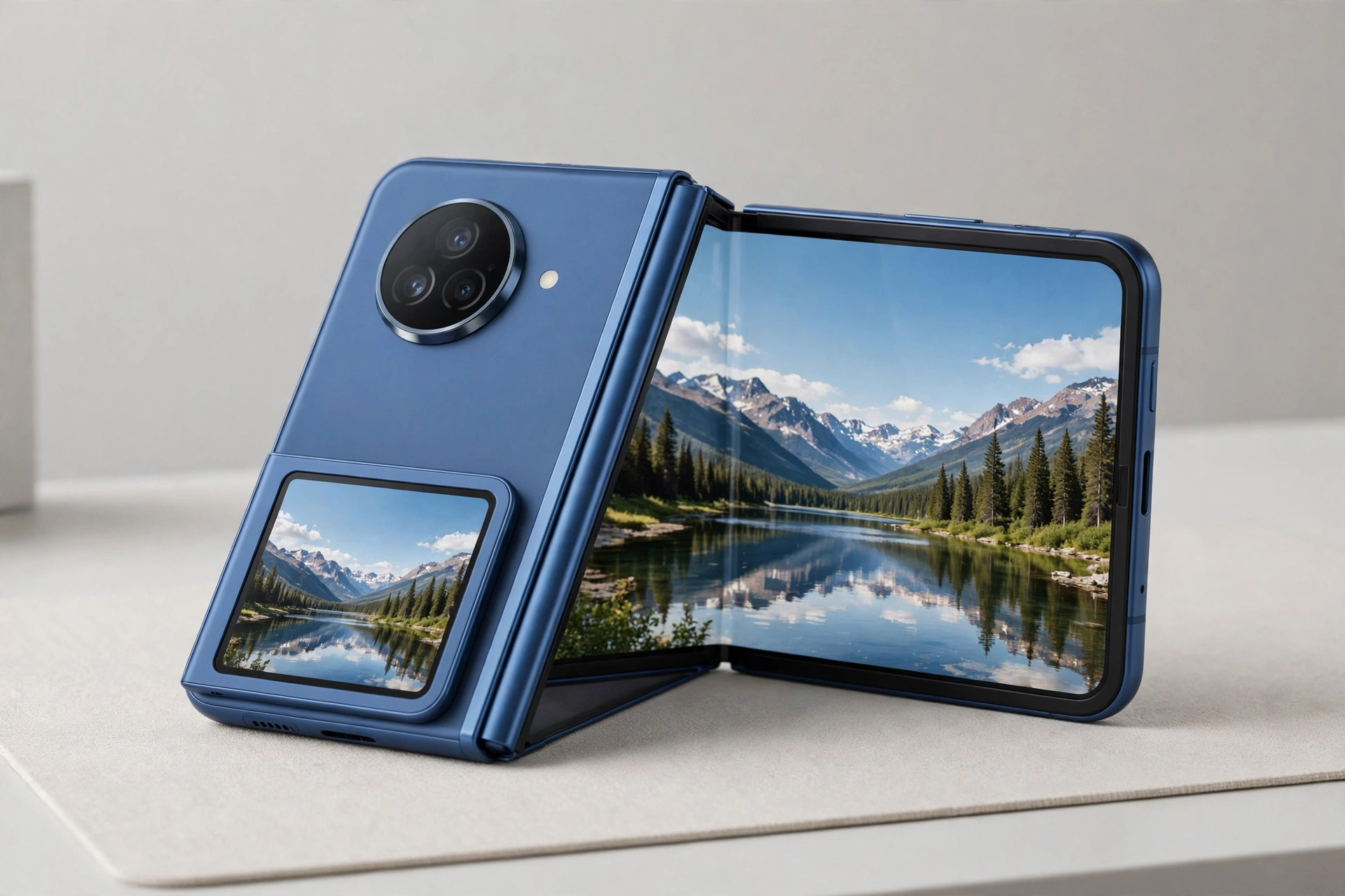 Book-style foldable smartphone half open showing large inner display