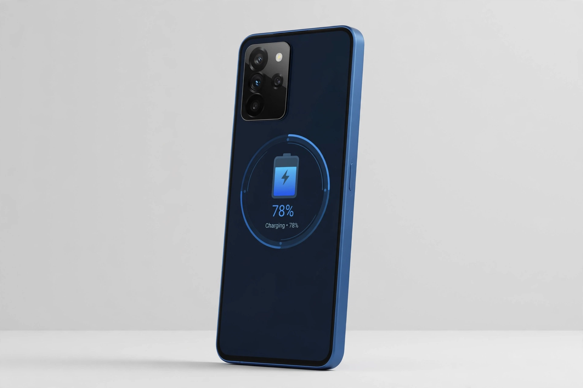 Vivo Y600 smartphone in blue standing upright showing a large battery indicator