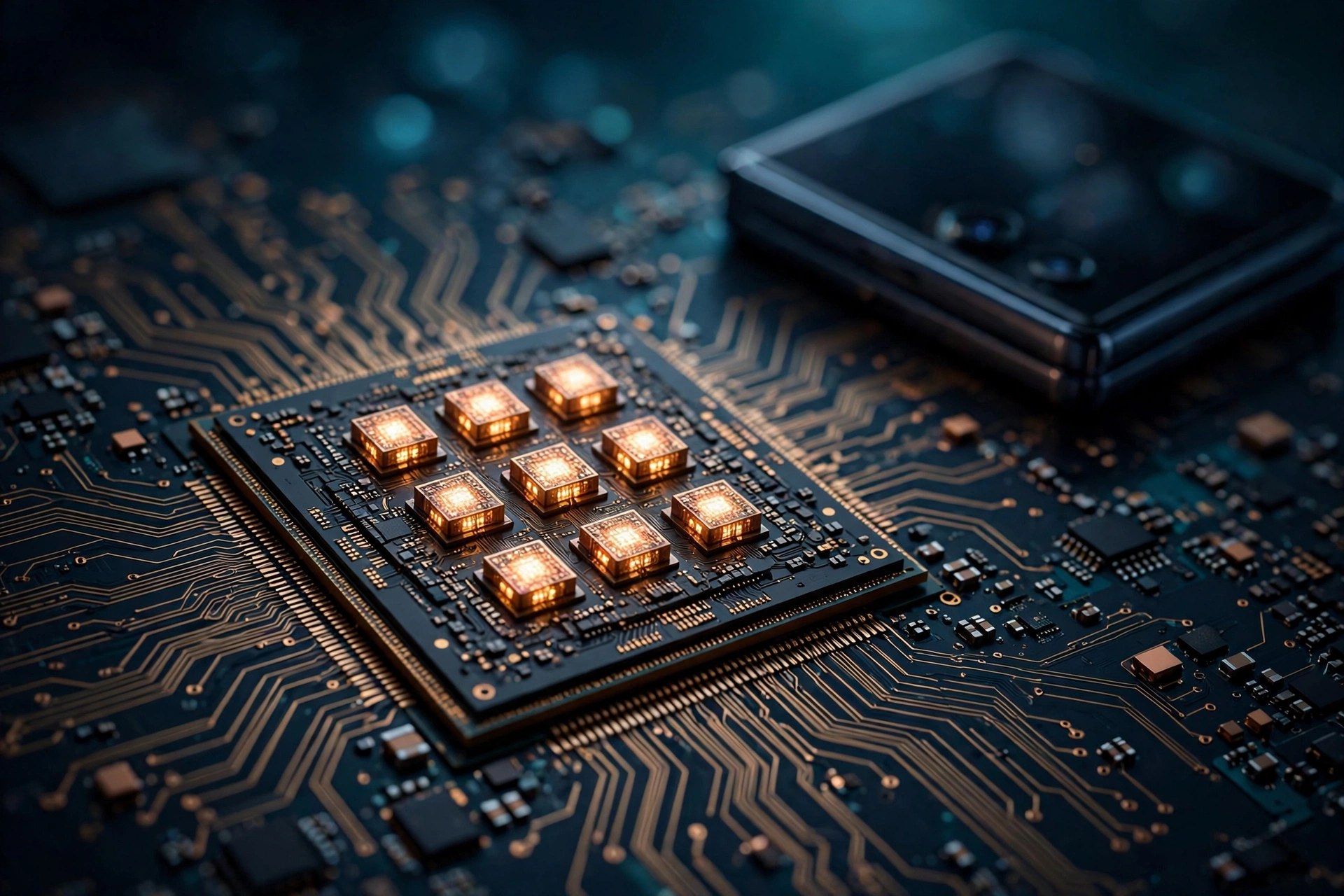 Smartphone processor chip with glowing cores on a dark circuit board